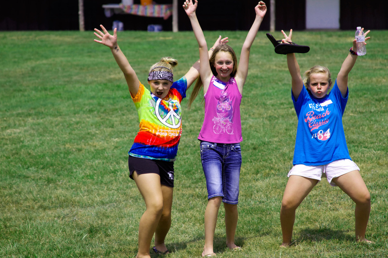 Alyssa (3 yrs at camp), Taylor (2 yrs) and Addie (2 yrs) show how stoked they are to come to Huawni on Opening Day.